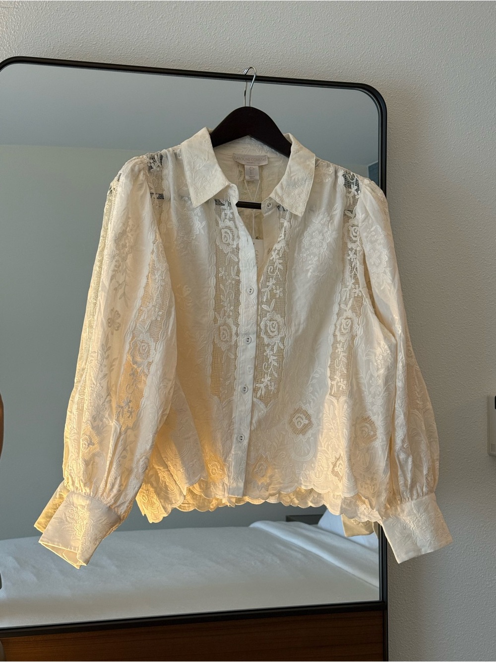 Caroline Constas Cream Embroidered Lace Buttoned Up Blouse Long Sleeve Romance